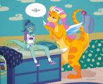 blue_body blue_diaper blue_hair blush bodily_fluids changing_table clothed clothing detailed_background diaper dragon embarrassed english_text featureless_crotch footwear genital_fluids hair hi_res holding_backpack looking_at_diaper marine merfolk merunyaa mythological_creature mythological_scalie mythology pouch_(anatomy) scalie shoes socks split_form tail text trash_can unclean_diaper urine used_diaper wearing_diaper wet_diaper wings yellow_body