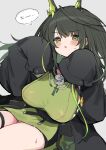  1girl arknights arms_up black_hair black_jacket black_shorts blush breasts dress green_dress green_eyes highres horns jacket large_breasts long_hair mon3tr_(arknights) short_dress shorts shorts_under_dress side_slit sitting sleeves_past_wrists solo stethoscope stethoscope_around_neck thighs unitedunti 