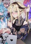  ! 5girls :/ absurdres adjusting_another's_hair ahoge animal_print aqua_nails bare_shoulders black_hairband black_nails black_tank_top blonde_hair blue_eyes blue_hair blush bow braid brown_hair card card_game chain chain_necklace closed_mouth collarbone commentary_request crossed_bangs crown_hair_ornament curtained_hair earrings eyelashes fingernails flow_glow_(hololive) gradient_hair green_eyes grey_hair hair_between_eyes hair_bow hair_flaps hair_intakes hair_ornament hairband hairclip highres holding holding_card hololive hololive_dev_is indoors isaki_riona isaki_riona_(1st_costume) jacket jacket_partially_removed jewelry kikirara_vivi kikirara_vivi_(1st_costume) klai koganei_niko koganei_niko_(1st_costume) leather leather_jacket lightning_ahoge long_hair long_sleeves low_twin_braids mizumiya_su mizumiya_su_(1st_costume) mole mole_on_shoulder multicolored_hair multiple_girls multiple_rings nail_polish navel necklace nose_blush open_fly open_mouth parallel_hairclips parted_bangs pink_hair pink_nails pink_streaks playing_games purple_hair purple_sleeves red_eyes rindo_chihaya ring see-through_clothes see-through_shirt shirt shorts sleeveless sleeveless_turtleneck slit_pupils speech_bubble streaked_hair sukajan surprised tank_top thought_bubble tiger_print turtleneck twin_braids virtual_youtuber white_jacket white_shirt x_hair_ornament 
