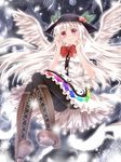  alternate_color alternate_hair_color angel_wings awai_shiro bad_id bad_pixiv_id black_legwear blush boots cloud cloudy_sky cross-laced_footwear food fruit full_moon g-tenko-r hat hinanawi_tenshi lace-up_boots long_hair looking_at_viewer m.u.g.e.n moon night night_sky pantyhose peach red_eyes sky solo thighband_pantyhose touhou white_hair wings 
