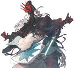  2boys ashiya_douman_(fate) ashiya_douman_(third_ascension)_(fate) black_hair commentary curly_hair earrings facing_viewer fate/grand_order fate_(series) height_difference holding holding_sword holding_weapon jewelry katana kondou_isami_(fate) looking_back magatama magatama_earrings multicolored_hair multiple_boys ofuda onmyouji sangojyu_go shinsengumi_(fate) sword symbol-only_commentary weapon white_hair 