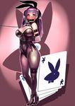  animal_ears arms_behind_back bdsm bit_gag blush bondage bound breasts brown_eyes bunny_ears bunny_tail bunnysuit card cleavage clothed_navel collar dodai_shouji female gag gradient gradient_background high_heels highres large_breasts leash leather legs long_hair looking_at_viewer pantyhose photoshop playing_card purple_eyes purple_hair saliva skindentation solo tail thighs twintails 