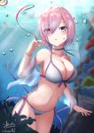  1girl absurdres artist_name bikini breasts bubble cleavage collarbone fate/grand_order fate_(series) hair_over_one_eye highres ichikawayan large_breasts light_rays mash_kyrielight navel purple_eyes purple_hair red_ribbon ribbon side-tie_bikini solo swimsuit underwear 