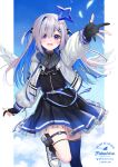  1girl :d amane_kanata amane_kanata_(work) angel_wings asymmetrical_legwear black_dress black_gloves black_socks blue_hair blue_sky blue_thighhighs cloud colored_inner_hair commentary_request dress feathered_wings frilled_dress frills fukahire_(ruinon) gloves grey_hair halo highres hololive jacket jewelry kneehighs long_hair long_sleeves mini_wings mismatched_legwear multicolored_hair necklace official_alternate_costume official_alternate_hairstyle open_mouth outstretched_arm partially_fingerless_gloves pink_streaks pouch puffy_long_sleeves puffy_sleeves purple_eyes shoes short_dress single_hair_intake single_kneehigh single_sock single_thighhigh sky smile sneakers socks solo star_(symbol) star_halo star_necklace streaked_hair thigh_pouch thighhighs tilted_halo two_side_up virtual_graduation_commemoration virtual_youtuber white_jacket white_shoes white_wings wings 