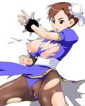  bracelet breasts brown_eyes brown_hair bun_cover china_dress chinese_clothes chun-li clenched_hand double_bun dress fighting_stance jewelry large_breasts nipples no_bra no_panties open_mouth pantyhose pelvic_curtain pubic_hair puffy_nipples pussy sash shinama short_hair solo spiked_bracelet spikes street_fighter torn_clothes torn_legwear 