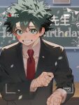  1boy battery_indicator boku_no_hero_academia collared_shirt confetti freckles green_eyes green_hair grin hair_between_eyes happy highres jacket konbu_babu looking_at_viewer male_focus midoriya_izuku necktie red_necktie scar scar_on_cheek scar_on_face scar_on_hand scars_all_over shirt short_hair smile solo suit_jacket super_blackjack teeth upper_body viewfinder white_shirt 
