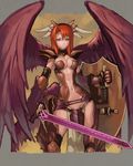  armor dark_minerva_(p&amp;d) frown greaves hamama2 long_hair midriff minerva_(p&amp;d) navel pauldrons puzzle_&amp;_dragons red_hair shield solo standing sword weapon wings yellow_eyes 