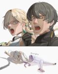  2girls absurdres aqua_eyes arm_behind_back bisected black_hair blonde_hair commentary dismemberment earrings english_commentary family_guy_death_pose_(meme) grey_hair hair_between_eyes hair_ornament halo hand_up highres jacket jewelry lennykaise long_hair lynae_(wuthering_waves) male_rover_(wuthering_waves) meme mornye_(wuthering_waves) multiple_girls open_mouth panties prosthesis prosthetic_leg rover_(wuthering_waves) severed_torso skull_hair_ornament star_(symbol) star_earrings striped_clothes striped_panties twitter_username underwear white_jacket wide-eyed wuthering_waves yellow_eyes 