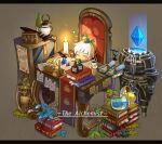  1boy apokarihardcore apple apple_slice book book_stack bread candle chair closed_eyes coin commentary_request desk english_text fishbowl food fruit gold_coin key knife lantern letterboxed male_focus no_mouth open_book original scroll shield short_hair sitting solo white_hair 