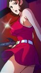  1girl absurdres bare_arms belt breasts brown_eyes brown_hair commentary_request cowboy_shot dress energy_gun from_side glint gun highres holding holding_gun holding_weapon jewelry large_breasts looking_down makiba_hikaru masaaki_endo mazinger_(series) necklace open_mouth red_dress short_dress short_hair sideboob sleeveless sleeveless_dress solo standing sweat teeth ufo_robo_grendizer upper_teeth_only weapon white_belt 