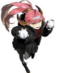  1girl absurdres ankle_boots aru_(blue_archive) black_boots black_jacket black_pantyhose black_skirt blue_archive boots commentary_request eg58561415 full_body gloves hands_up highres holding holding_snowball hood hood_down hooded_jacket jacket long_hair looking_at_viewer multicolored_gloves open_clothes open_jacket open_mouth pantyhose pink_hair red_gloves red_scarf scarf simple_background skirt snowball teeth two-tone_gloves white_background white_gloves yellow_eyes 