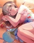  animal_print artist_request black_hair bug closed_eyes dragonfly fan feet_out_of_frame fetal_position fish_print fujiwara_hajime idolmaster idolmaster_cinderella_girls incense insect lying mosquito_coil official_art on_side paper_fan parted_lips sleeping solo tatami towel uchiwa wind_chime 