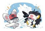  1boy 1girl ^^^ animal_ears animalization baseball_cap blue_eyes brown_eyes closed_mouth dot_nose emolga flying_squirrel grey_fur hat highres hilbert_(pokemon) hilda_(pokemon) holding holding_snowball markings_on_cheeks mieaowu minccino no_humans one_eye_closed open_mouth playing pokemon pokemon_(creature) pokemon_bw pokemon_focus ponytail snow snowball snowball_fight snowing squirrel tail_whip two-tone_fur v-shaped_eyes white_fur 