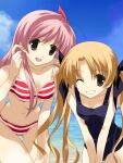  2girls antenna_hair ass_visible_through_thighs beach bikini black_bow blonde_hair blue_sky bow breasts chaos;head chaos;head_love_chu_chu! cleavage cloud collarbone finger_to_face grin hair_between_eyes hair_bow head_tilt highres leaning_forward long_hair medium_breasts multiple_girls narrow_waist navel ocean official_art one-piece_swimsuit one_eye_closed orihara_kozue outdoors pink_eyes pink_hair purple_one-piece_swimsuit red_bow red_eyes sakihata_rimi sasaki_mutsumi science_adventure side_ponytail sky small_breasts smile striped_bikini striped_clothes summer swimsuit thick_thighs thighs twintails v_arms very_long_hair water 