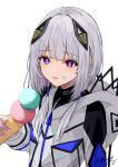  1girl :p absurdres blue_eyes bright_pupils cevio commentary_request food food_on_face grey_hair grey_jacket hair_ornament hand_up harumomiji highres holding holding_food holding_ice_cream holding_ice_cream_cone hood hood_down hooded_jacket ice_cream ice_cream_cone jacket kafu_(cevio) kamitsubaki_studio long_hair looking_at_viewer revision signature simple_background solo tongue tongue_out twintails white_background white_pupils 