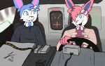 anthro black_clothing black_hoodie black_topwear blue_body blue_eyes blue_fur cable cable_tie car chatting clothing delisylvi_(character) delorean digital_drawing_(artwork) digital_media_(artwork) driving driving_car duo eeveelution eyewear fangs flux_capacitor fur generation_6_pokemon glasses hi_res holding_steering_wheel hoodie inside_car inside_vehicle led_light male male/male mammal nintendo open_mouth pink_body pink_fur pokemon pokemon_(species) puntero racing_suit saubercalixto shiny_pokemon steering_wheel sylveon teeth tongue topwear vehicle