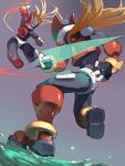  2boys absurdres armor battle blonde_hair commentary_request energy_sword grey_background helmet highres holding holding_sword holding_weapon long_hair male_focus mega_man_(series) mega_man_zero_(series) mega_man_zero_3 multiple_boys omega_(mega_man) omochi_(mochi_skymega) red_armor red_eyes red_helmet simple_background sword weapon z_saber zero(z)_(mega_man) zero_(mega_man) 