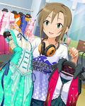  artist_request brown_hair casual clothes_hanger clothes_rack clothes_writing english green_eyes headphones headphones_around_neck idolmaster idolmaster_cinderella_girls official_art shirt shopping smile solo sweatdrop t-shirt tada_riina 