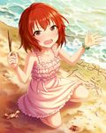  artist_request beach blush bracelet brown_eyes crab dress idolmaster idolmaster_cinderella_girls jewelry murakami_tomoe ocean official_art pink_dress red_hair sand sand_writing short_hair solo sparkle stick wavy_mouth 