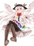  alternate_color alternate_hair_color angel_wings awai_shiro bad_id bad_pixiv_id black_legwear blush boots cross-laced_footwear food fruit full_body g-tenko-r hat highres hinanawi_tenshi lace-up_boots long_hair looking_at_viewer m.u.g.e.n pantyhose peach red_eyes solo thighband_pantyhose touhou transparent_background white_hair wings 