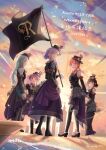  5girls bang_dream! beach black_dress black_hair black_thighhighs brown_hair cloud cloudy_sky dress elbow_gloves flag full_body gloves green_eyes grey_hair hat highres hikawa_sayo imai_lisa long_hair looking_at_viewer minato_yukina multiple_girls outdoors purple_eyes red_eyes roselia_(bang_dream!) shih_lion shirokane_rinko shoes short_hair sky standing sunset thighhighs twintails twitter_username udagawa_ako water yellow_eyes 