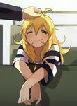  ;) blonde_hair blush green_eyes hand_on_another's_head hoshii_miki idolmaster idolmaster_(classic) long_hair onaramaru one_eye_closed petting pov smile solo_focus wince 