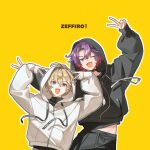  2boys absurdres arms_up black_hoodie black_pants black_shirt colored_inner_hair commentary double_v english_text fura_kanato hair_ornament hands_up highres hood hoodie jisshu male_focus midriff_peek multicolored_hair multiple_boys nijisanji one_eye_closed open_mouth orange_hair outline pants pink_hair purple_eyes purple_hair shirt smile streaked_hair upper_body v virtual_youtuber watarai_hibari white_hoodie x_hair_ornament yellow_eyes 