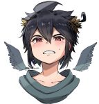  1boy ahoge artist_name black_hair clenched_teeth collarbone commentary dark_pit feathered_wings grey_scarf grey_wings hair_between_eyes highres ibispaint_(medium) kid_icarus kid_icarus_uprising laurel_crown male_focus portrait scarf sidelocks small_sweatdrop solo spiked_hair teeth twitter_username waffuum white_background wings 
