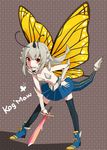  antennae bug butterfly butterfly_wings hand_on_hip highres horn ilris insect kog'maw league_of_legends leaning_forward long_hair looking_at_viewer open_mouth personification red_eyes silver_hair solo sword tail thighhighs weapon wings yellow_wings 
