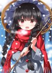  1girl ajirogasa black_hair blurry blurry_background blush braid brown_hat buttons coat commentary_request completion_time day grey_coat hat highres long_hair long_sleeves looking_at_viewer open_mouth outdoors red_eyes red_scarf ruu_(tksymkw) scarf snowing solo touhou twin_braids upper_body winter yatadera_narumi 