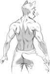 anthro biped canid canine clothed clothed_anthro clothed_male clothing fingers fur hi_res male mammal partially_clothed partially_clothed_anthro partially_clothed_male pgm300 rear_view simple_background solo standing tail topless topless_anthro topless_male