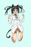  animal_ears aqua_eyes black_hair cat_ears cat_tail fang francesca_lucchini hair_ribbon highres jumping looking_at_viewer military military_uniform navel no_pants oi_ke open_mouth panties ribbon solo strike_witches striped striped_panties tail twintails underwear uniform world_witches_series 