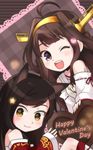  :3 ahoge ahri animal_ears black_hair brown_hair chocolate chocolate_heart crossover detached_sleeves fox_ears hairband heart ilris japanese_clothes kantai_collection kongou_(kantai_collection) korean_clothes league_of_legends long_hair looking_at_viewer multiple_girls one_eye_closed open_mouth purple_eyes sleeves_past_wrists symbol_in_eye valentine yellow_eyes 