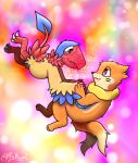  2_tails 3_claws 3_fingers 3_toes abstract_background aerial_explorer_archen archen beak black_eyes blue_body blue_feathers buizel claws duo eye_contact feathers feet fingers fluffy fossil_pokemon fur generation_4_pokemon generation_5_pokemon hand_holding hi_res looking_at_another male male/male marine_explorer_buizel multi_tail nintendo orange_body orange_fur paws pokemon pokemon_(species) pokemon_mystery_dungeon psykwol red_beak red_body red_feathers red_talons smile spike_chunsoft tail talons tan_body tan_fur teeth toes wings yellow_body yellow_feathers 