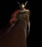  1girl amputee armor black_background covered_eyes dress elden_ring facing_viewer gold_armor helmet helmet_over_eyes highres holding holding_sword holding_weapon long_hair malenia_blade_of_miquella mechanical_arms prosthesis prosthetic_arm red_hair single_mechanical_arm solo suhebzako sword three-quarter_sleeves weapon winged_helmet 