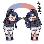 2girls arms_up black_jacket blue_hair blush_stickers braid brown_shoes closed_eyes commentary deformed double-parted_bangs dual_persona english_commentary facing_viewer glasses grey_socks hair_ornament jacket loafers long_hair looking_at_viewer love_live! love_live!_nijigasaki_high_school_idol_club low_twin_braids magnet miniskirt multiple_girls nakagawa_nana neck_ribbon nijigasaki_school_uniform one_side_up opaque_glasses pleated_skirt red-framed_eyewear red_ribbon ribbon school_uniform semi-rimless_eyewear shinanoya_(satanicad) shirt shoes simple_background skirt socks triangle_hair_ornament twin_braids under-rim_eyewear white_background white_shirt white_skirt winter_uniform yuki_setsuna 