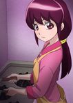  aino_kaori apron butt_crack happinesscharge_precure! haruyama_kazunori long_hair looking_at_viewer ponytail precure red_eyes red_hair sleeves_rolled_up solo stove 