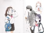  1boy 3girls absurdres backpack bag black_hair black_skirt blush brown_hair commentary_request drinking food glasses green_eyes highres holding holding_microphone interview ishida_hiroyasu microphone mouth_hold multiple_girls original parting_water school_bag school_uniform serafuku skirt 