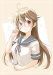 1girl absurdres alternate_hair_length alternate_hairstyle bandaid bandaid_on_face bespectacled blue_neckerchief blue_sailor_collar brown_eyes brown_hair commentary_request cropped_torso fyuo glasses highres kantai_collection long_hair neckerchief oboro_(kancolle) red-framed_eyewear round_eyewear sailor_collar sailor_shirt school_uniform serafuku shirt short_sleeves smile solo upper_body white_shirt 