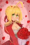  ahoge blonde_hair bouquet braid breasts cant_draw cleavage cleavage_cutout dress epaulettes fate/extra fate_(series) flower french_braid highres nero_claudius_(fate) nero_claudius_(fate)_(all) petals red_dress rose rose_petals short_hair smile solo 