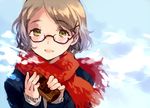  blush brown_hair can glasses green_eyes hair_ornament hairclip jacket original red_scarf scarf short_hair smile solo tan_(tangent) 