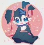  1girl :d animal_ears black_fur blue_eyes blush bound butterfly_hair_ornament chibikemo commentary_request furry furry_female hair_ornament highres jewelpet_(creature) jewelpet_(series) looking_at_viewer luea_(jewelpet) rabbit_ears rabbit_girl ribbon rorizu sitting smile solo tied_up_(nonsexual) uneven_eyes 