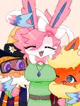 2026 3:4 anthro anthrofied belt black_clothing black_hat black_headwear black_nose blonde_hair blue_clothing blue_eyes blue_inner_ear blue_topwear blush bodily_fluids clothed clothing digital_media_(artwork) eeveelution eyelashes eyes_closed fan_character flareon fully_clothed fur generation_1_pokemon generation_6_pokemon gloves green_clothing green_topwear hair handwear hat headgear headwear hi_res hoodie hug ibispaint_(artwork) jewelry jolteon looking_at_another necklace nintendo one_eye_closed open_mouth orange_body orange_clothing orange_ears orange_fur orange_topwear pink_ears pink_hair pokemon pokemon_(species) pokemorph purple_eyes red_clothing shaded sibling_(lore) signature sister_(lore) sisters_(lore) sweat sylveon topwear watermark white_body white_fur xammyxx yellow_body yellow_ears yellow_fur