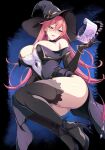  1girl absurdres black_choker black_gloves black_hat black_shoes bracelet breasts choker commentary earrings elbow_gloves english_commentary frilled_choker frills gloves hair_between_eyes hat high_heels highres jewelry large_breasts lucisvy parted_lips phase_connect pink_hair purple_eyes runie_ruse scroll second-party_source shoes snake_earrings solo thighhighs thighs virtual_youtuber witch_hat 