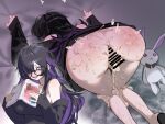  1girl after_sex after_vaginal ass bags_under_eyes bar_censor black_cardigan black_dress book bottomless breasts cardigan censored clothes_lift colored_inner_hair commentary_request cum cum_in_pussy cum_overflow demideus dress dress_lift female_pervert glasses goddess_of_victory:_nikke hair_over_one_eye highres holding holding_book label_(nikke) large_breasts long_hair multicolored_hair nervous_smile pervert pornography purple_eyes purple_hair purple_streaks pussy pussy_juice sleeves_past_wrists smile solo spread_pussy streaked_hair stuffed_animal stuffed_rabbit stuffed_toy sweat top-down_bottom-up two-tone_hair vaginal 
