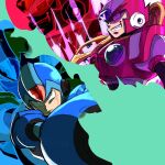  2boys arm_cannon armor blonde_hair blue_armor blue_helmet chest_jewel commentary english_commentary forehead_jewel groovy_(docilebread) helmet highres long_hair male_focus mega_man_(series) mega_man_x5 mega_man_x_(series) multiple_boys red_armor red_helmet upper_body weapon x_(mega_man) zero_(mega_man) zoom_layer 