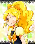  blonde_hair bow bowtie brooch cure_honey earrings hair_bow happinesscharge_precure! jewelry kagami_chihiro long_hair magical_girl one_eye_closed oomori_yuuko precure puffy_sleeves smile solo wide_ponytail yellow_eyes 