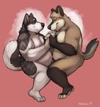  anthro biceps canine chubby couple coyote cuddling dog duo eye_contact fur gay hand_holding horrorbuns husky male mammal overweight plain_background rizzja segy smile 
