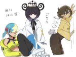  3girls aqua_hair ass bandeau black_bodysuit black_dress black_hair blonde_hair blue_eyes blue_gloves blush bob_cut bodysuit bodysuit_under_clothes brown_jacket canari_(pokemon) closed_mouth coat commentary_request dark-skinned_female dark_skin dress emma_(pokemon) espurr gloves gradient_hair gwynn_(pokemon) hair_ornament hasu_175 hat jacket long_sleeves looking_at_viewer mega_stone multicolored_hair multiple_girls navel one_eye_closed open_clothes open_coat open_mouth pants partially_fingerless_gloves pokemon pokemon_(creature) pokemon_legends:_z-a purple_eyes purple_hair short_hair short_twintails split-color_hair sports_bra sweatdrop twintails two-tone_hair two-tone_pants white_coat yellow_bandeau yellow_jacket yellow_sports_bra 