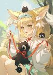  1girl animal_ears arknights black_cat blonde_hair blue_hairband blue_skirt cardigan cat chinese_commentary colored_tips commentary_request fox_ears fox_girl fox_tail frilled_hairband frills green_eyes hairband heixiu high-waist_skirt highres holding holding_ribbon long_hair long_sleeves luo_xiaohei luo_xiaohei_(cat) multicolored_hair neck_ribbon official_alternate_costume open_cardigan open_clothes open_mouth red_ribbon ribbon shieryue164 shirt skirt suzuran_(arknights) suzuran_(spring_praise)_(arknights) tail the_legend_of_luo_xiaohei two-tone_hair white_cardigan white_hair white_shirt 